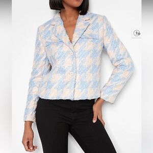 Express Light Blue/Cream Houndstooth Boucle Jacket  NWT Size Small